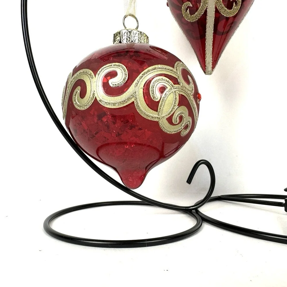 Vintage Christmas Ornaments Blown Glass Red and Gold Glitter Set of Three